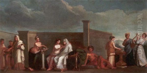 Die Aldobrandinische Hochzeit. Die Braut Auf Dem Brautbett Sitzend, Begleitet Von Aphrodite Und Einem Jungling Oil Painting by Nicolas Poussin