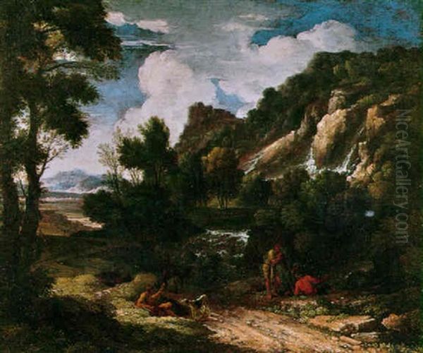 Figures With A Dog On A Path Near A Waterfall With An Extensive Landscape Beyond Oil Painting by Nicolas Poussin