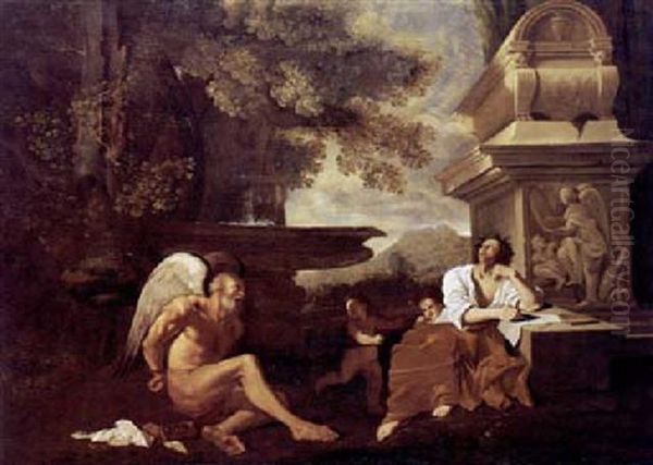 Allegoria Del Potere Della Poesia: Il Tempo E Legato Se Il Poeta Si Ispira Alla Tomba Di Un Grande Oil Painting by Nicolas Poussin