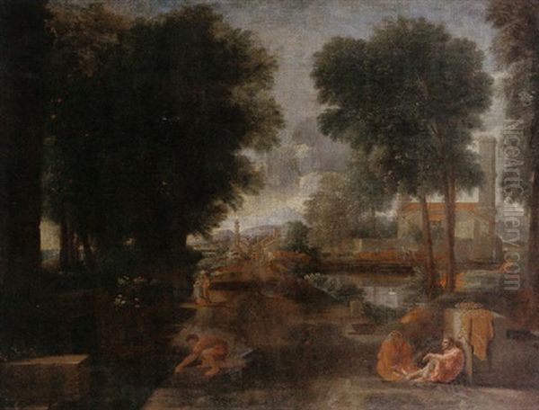 A Classical Landscape With Figures Resting On A Roman Road Oil Painting by Nicolas Poussin