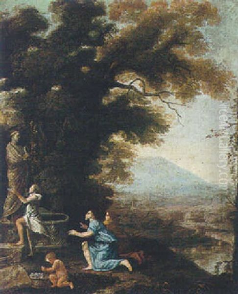 Landscape With Maidens Making Offerings To A Statue Of A Female Goddess Oil Painting by Nicolas Poussin