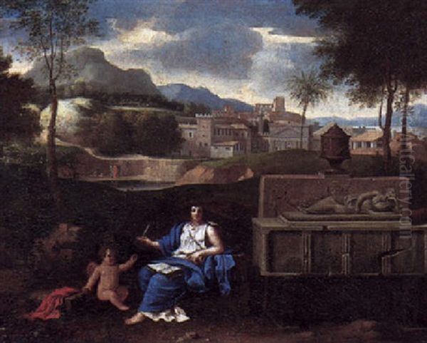 A Classical Landscape With A Sibyl Writing, Assisted By A Putto, Beside A Tomb Oil Painting by Nicolas Poussin