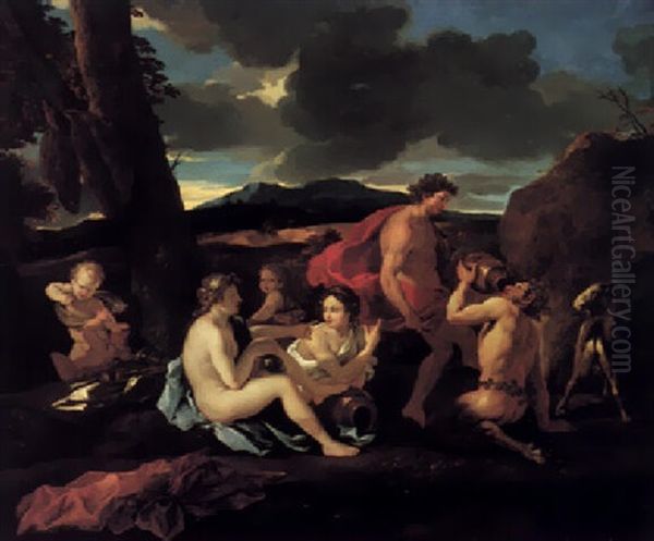 A Bacchanal With Stayrs And Other Figures In A Landscape Oil Painting by Nicolas Poussin