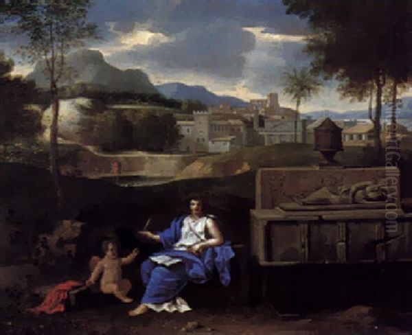 A Classical Landscape With A Sibyl Writing, Assisted By A Putto, Beside A Tomb Oil Painting by Nicolas Poussin