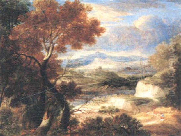 Flodlandskap Med Vandrare Oil Painting by Nicolas Poussin