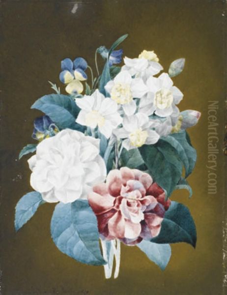 Un Bouquet De Pensees, Jonquilles Et Camelia Oil Painting by Marie Louise Boitelet