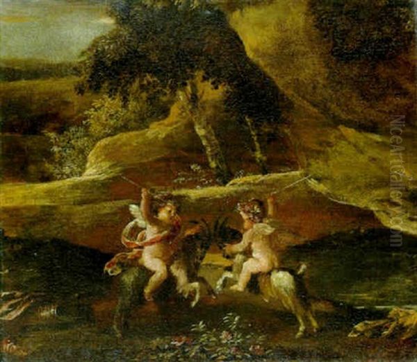 Putti Fighting On Goats Oil Painting by Nicolas Poussin