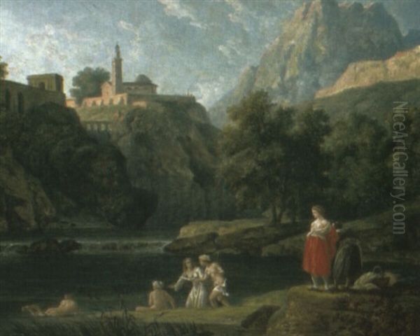 Classical Landscape With Figures Resting Near River Oil Painting by Nicolas Poussin