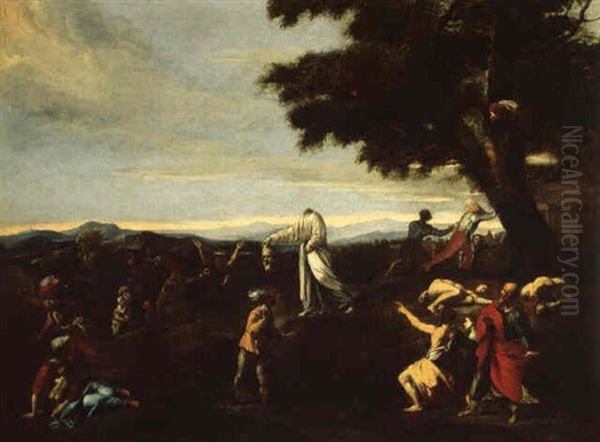 Saint Denis Effrayant Ses Bourreaux Avec Sa Tete Oil Painting by Nicolas Poussin