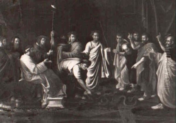 Moses And Aaron Before Pharoah Oil Painting by Nicolas Poussin