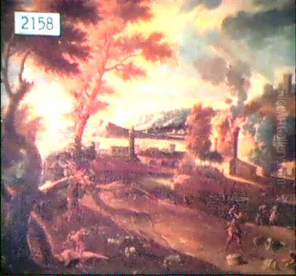 Landscape With Buildings On Fire Oil Painting by Nicolas Poussin