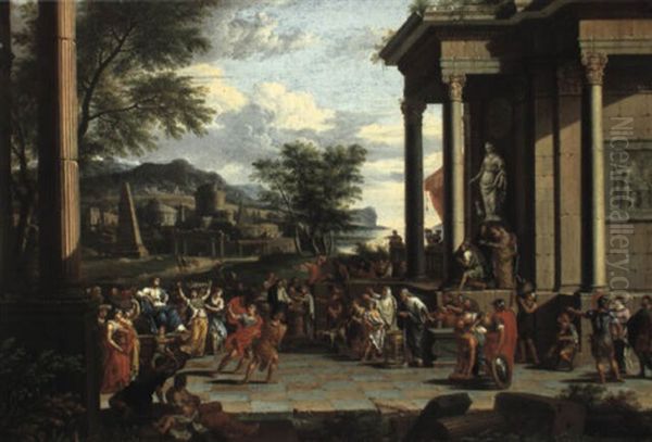 A Sacrificial Procession By Classical Ruins Oil Painting by Nicolas Poussin