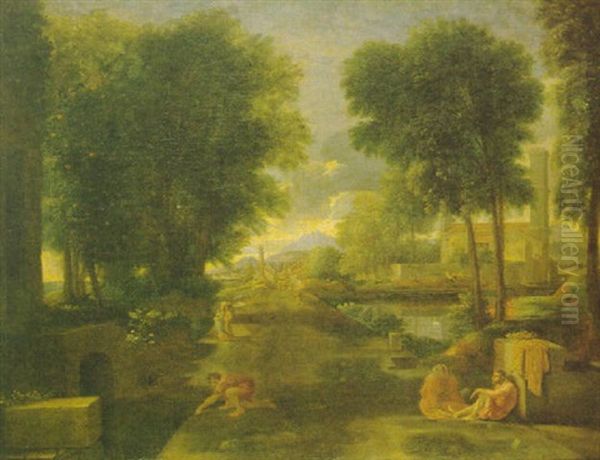 Figures Resting In An Italianate Classical Landscape Oil Painting by Nicolas Poussin