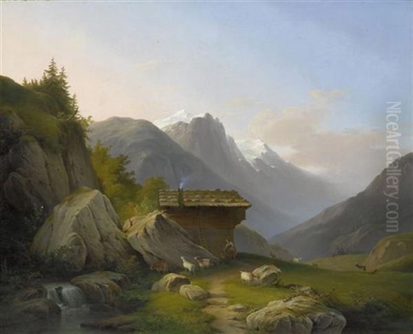 Alphutte Mit Geissenhirten In Einer Berglandschaft by Martinus Pouwelsen