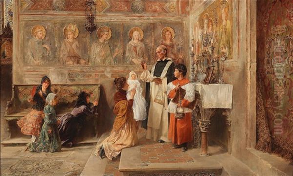 Christening In The Lower Basilica Of San Francesco In Assisi With Frescoes By Simone Martini In The Background Oil Painting by Vicente Poveda Y Juan