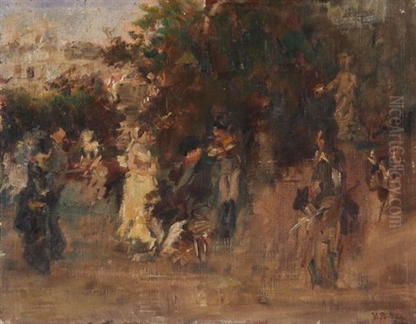 Elegante Gesellschaft In Einem Park Promenierend Oil Painting by Vicente Poveda Y Juan