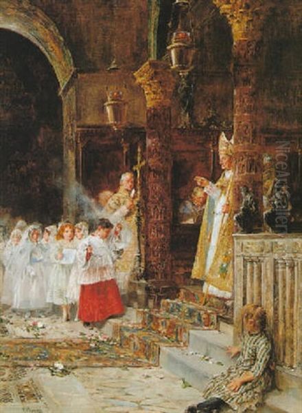 First Communion Oil Painting by Vicente Poveda Y Juan