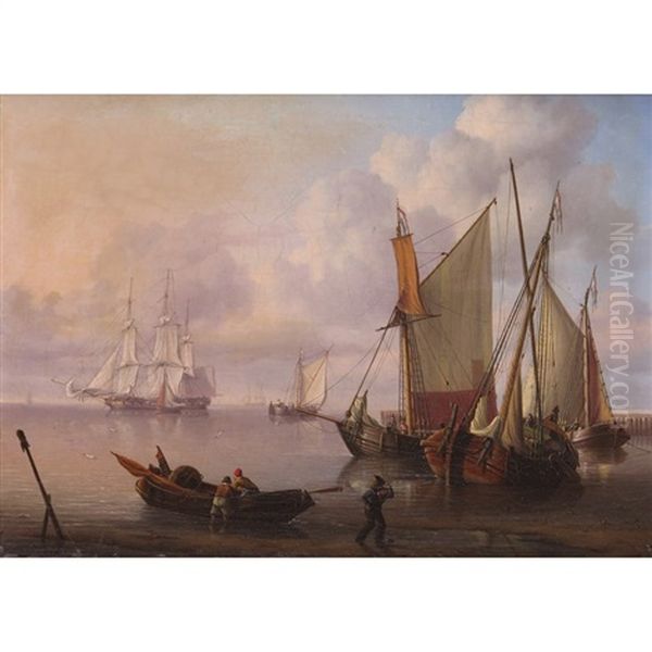 Ships At Anchor In Calm Seas By A Jetty Oil Painting by Charles Martin Powell