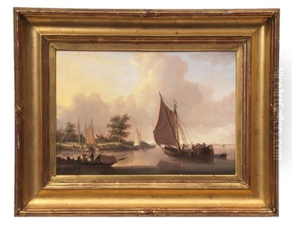 Shipping And Figures In An Estuary Oil Painting by Charles Martin Powell