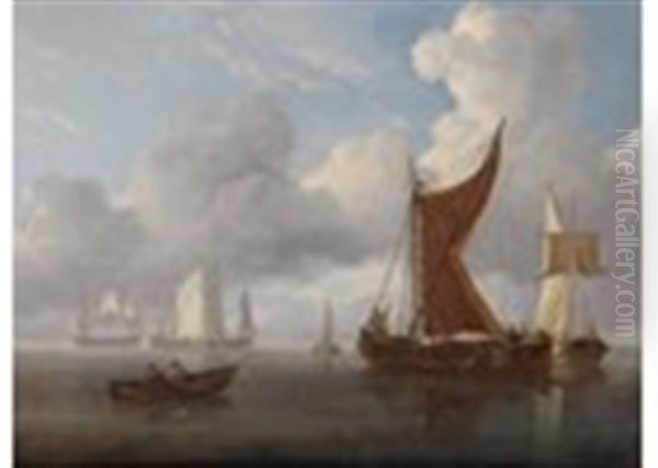 Fishing Boats And A Ship In Calm Seas Oil Painting by Charles Martin Powell