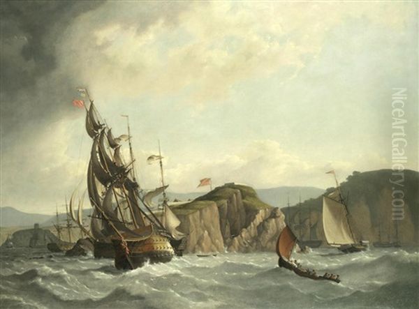 Men-o'-war And Other Shipping Off Falmouth Bay Oil Painting by Charles Martin Powell