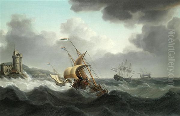 Shipping In Rough Waters Off A Fortified Headland Oil Painting by Charles Martin Powell