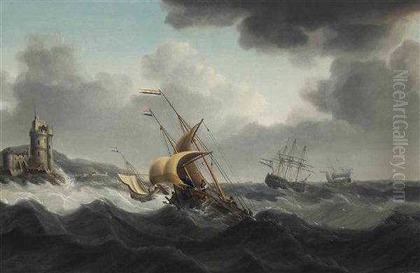 Fishermen Putting In A Reef In A Gale, Off A Fortified Headland Oil Painting by Charles Martin Powell