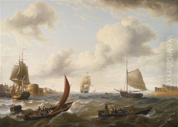 British Men Of War And Other Ships At The Mouth Of Portsmouth Harbor In Choppy Seas Oil Painting by Charles Martin Powell