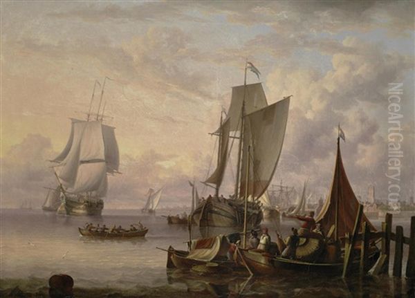 A Dutch Harbour Scene With Men-o-war And Other Shipping By A Quayside With Figures In Fishing Boats And A Town In The Distance At Sunset Oil Painting by Charles Martin Powell