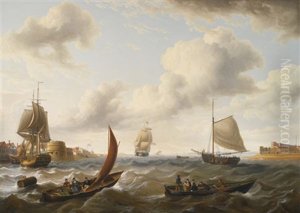 British Men Of War And Other Ships Off The Coast In Choppy Seas Oil Painting by Charles Martin Powell