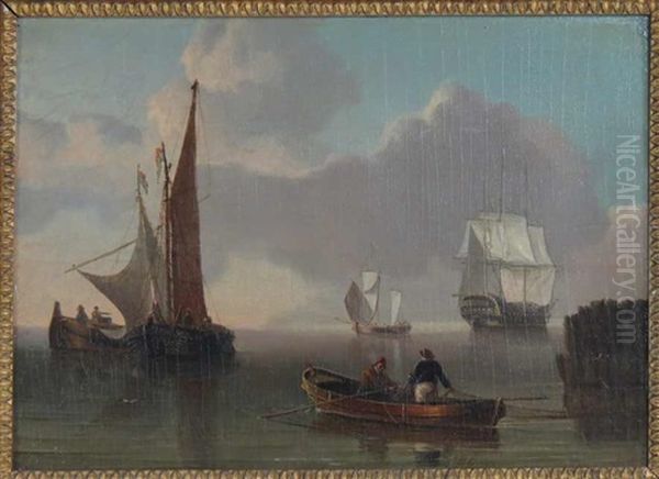 Harbor With Galleon, Sail Boats And Fishermen In A Rowboat Oil Painting by Charles Martin Powell