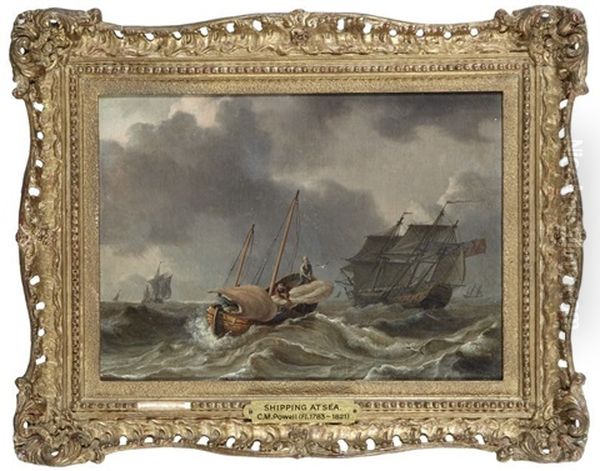 Bateau De Pecheurs Dans La Tempete Pres D'un Navire Britannique Oil Painting by Charles Martin Powell