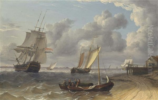 Dutch Frigate And Hoys In A Stiff Breeze Of The Low Countries Oil Painting by Charles Martin Powell