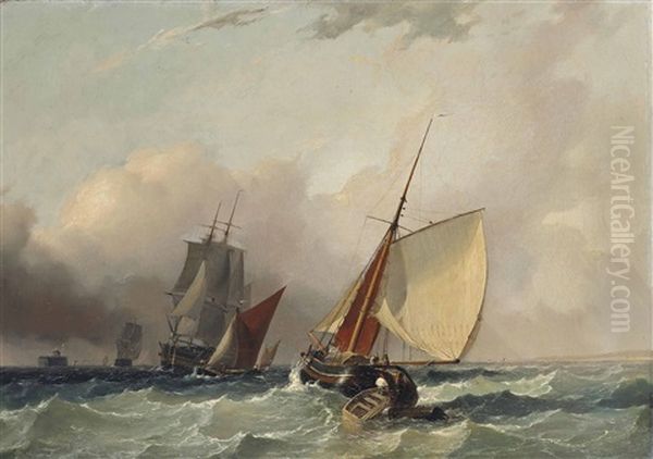 Merchant Vessels And Barges In Close Quarters Off The Coast Oil Painting by Charles Martin Powell