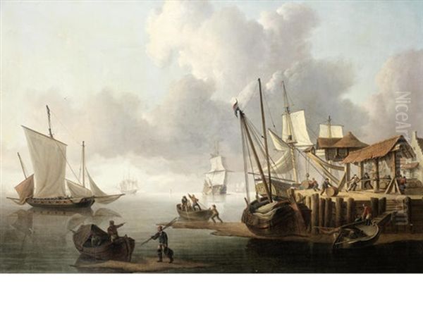 The Trading Brig Hope Unloading Her Cargo At A Wharf Oil Painting by Charles Martin Powell