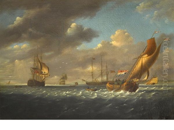 English Warships, A Cutter Yacht And Other Shipping In A Stiff Breeze In The Downs Oil Painting by Charles Martin Powell