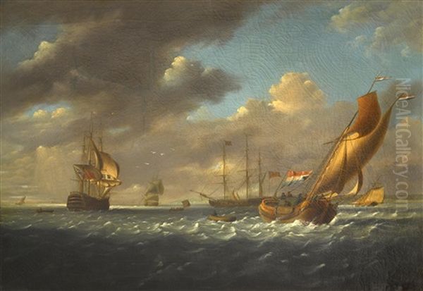 English Warships, A Cutter Yacht And Other Shipping In A Stiff Breeze In The Downs Oil Painting by Charles Martin Powell