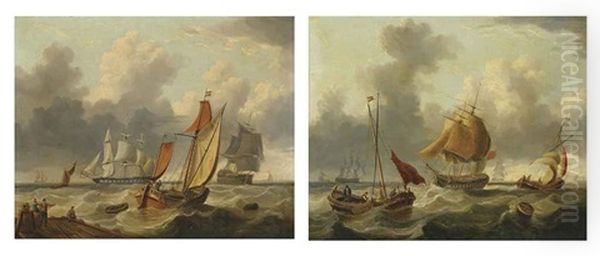 A Large Three-decker, A Frigate And Other Shipping In A Stiff Breeze Off The Harbour Mouth (+ Warships And Barges In An Offshore Swell; Pair) Oil Painting by Charles Martin Powell