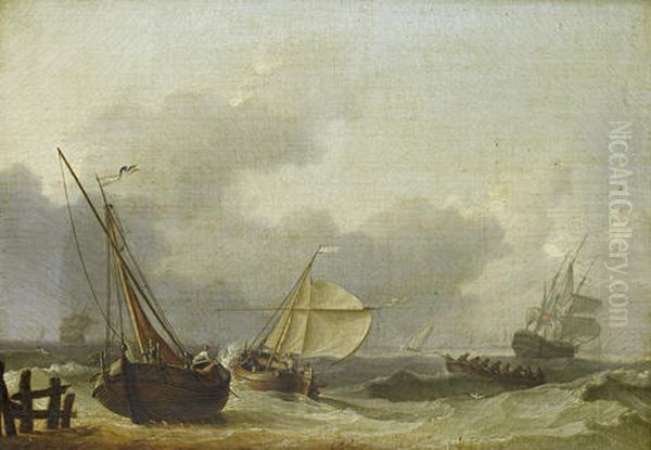 A Squall Off The Dutch Coast, With Small Craft And A Man-o'war Running For Shelter Oil Painting by Charles Martin Powell