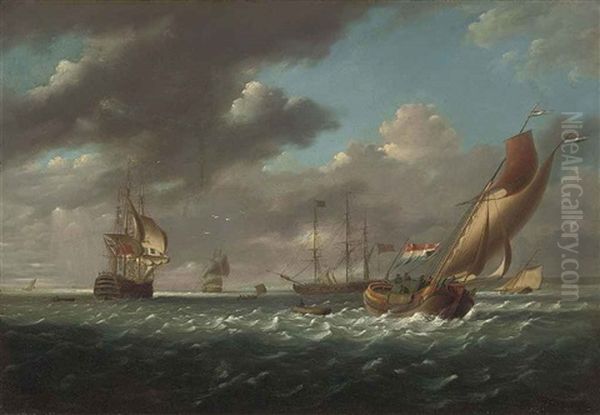 English Warships, A Cutter Yacht And Other Shipping In A Stiff Breeze In The Downs Oil Painting by Charles Martin Powell