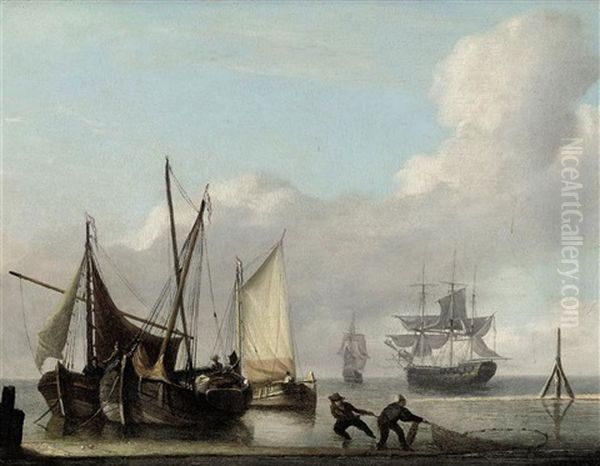 Low Tide At The Mouth Of The Estuary With Fishermen Dragging In Their Nets On The Foreshore Oil Painting by Charles Martin Powell