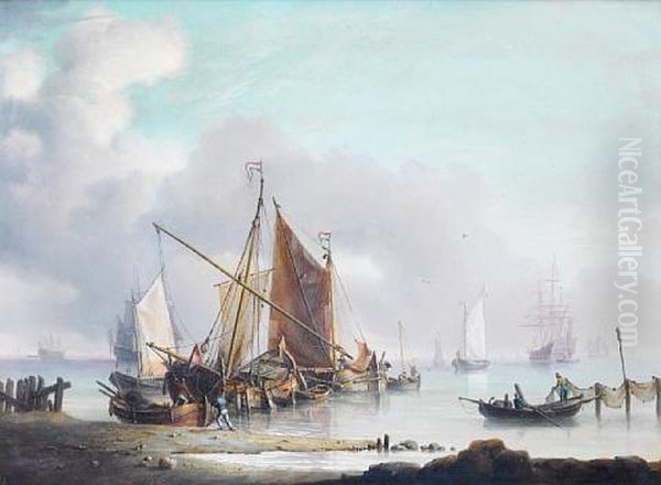 Dutch Hoys And Other Traditional Craft Moored Inshore, With A Warship Standing Out To Sea Oil Painting by Charles Martin Powell