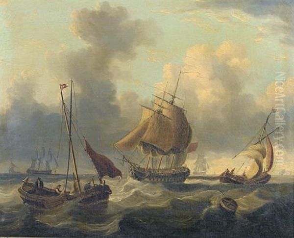 An English Frigate Running Through Crowded Waters In A Heavy Swell (+ Warships Offshore With A Dutch Hoy Pulling Away From A Jetty In Choppy Seas; Pair) Oil Painting by Charles Martin Powell