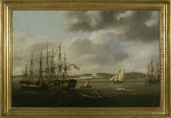 British Man-o-war And Three Merchantmen Oil Painting by Charles Martin Powell