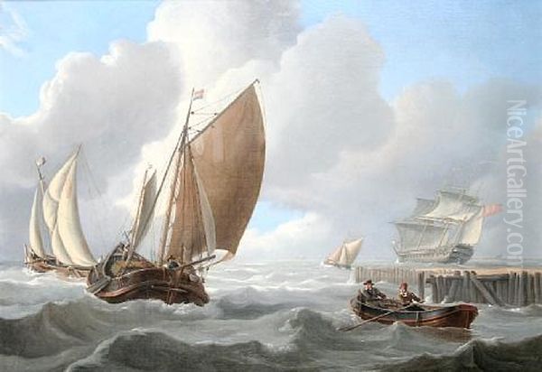 Off The Dutch Coast - Barge, Rowboat And Fishing Boats And A Naval Vessel In A Fresh Breeze Oil Painting by Charles Martin Powell