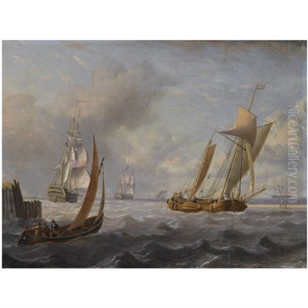 Fishing Boats And A Naval Vessel Off A Pier Oil Painting by Charles Martin Powell