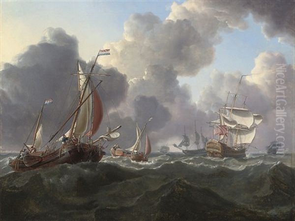 English Warships And Dutch Hoys In A Stiff North Sea Breeze Oil Painting by Charles Martin Powell