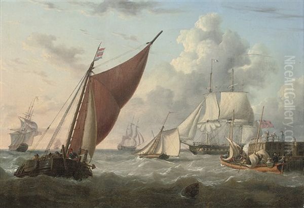 A Frigate Hove-to Off A Jetty, The Captain And His Guests Preparing To Go Aboard Oil Painting by Charles Martin Powell