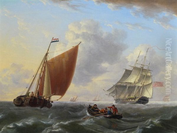 A British Merchantman Passing A Dutch Barge Oil Painting by Charles Martin Powell