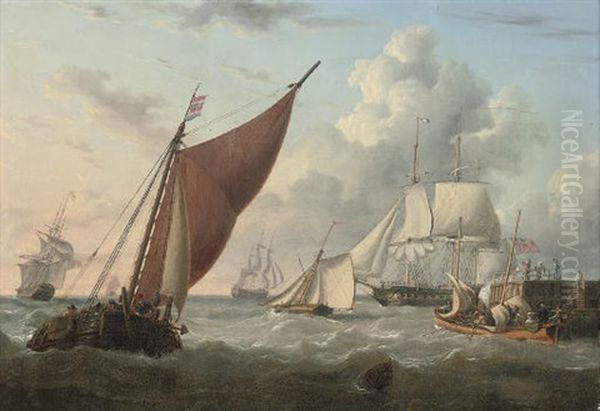 A Frigate Hove-to Off A Jetty, The Captain And His Guests Preparing To Go Aboard by Charles Martin Powell